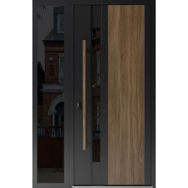 Front Exterior Prehung Steel Door / Dekton 0163 Venezia Noce / Side Exterior Window Sidelite / Entry Metal Modern Painted W36+14" x H80" Right hand Inswing