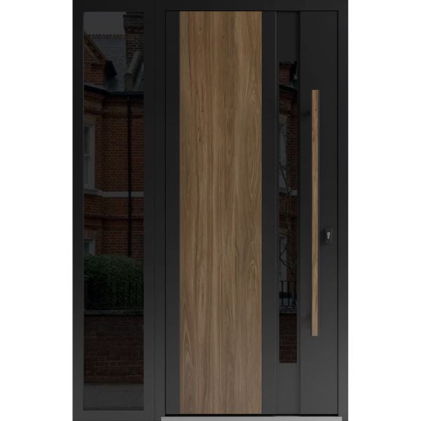 Front Exterior Prehung Steel Door / Dekton 0163 Venezia Noce / Side Exterior Window Sidelite / Entry Metal Modern Painted W36+12" x H80" Left hand Inswing