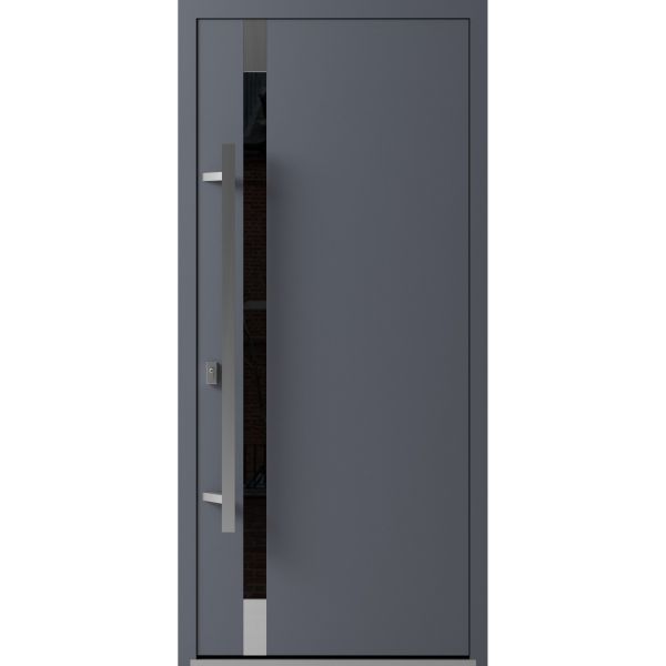 Front Exterior Prehung Steel Door / Ronex 1011 Grey / Stainless Inserts Entry Metal Modern Painted W36" x H80" Right hand Inswing