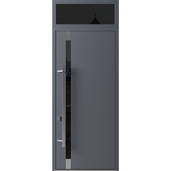Front Exterior Prehung Steel Door / Ronex 1011 Grey 96" / Transom Window Sidelite / Stainless Inserts Entry Metal Modern Painted W36" x H96+16" Right hand Inswing