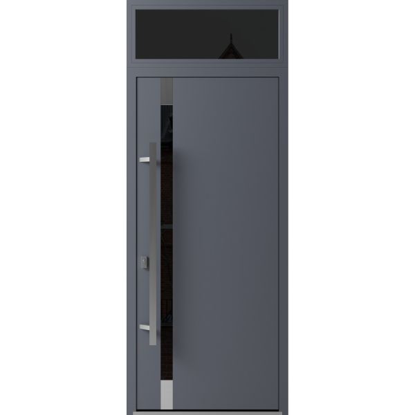 Front Exterior Prehung Steel Door / Ronex 1011 Grey / Transom Window Sidelite / Stainless Inserts Entry Metal Modern Painted W36" x H80+16" Right hand Inswing