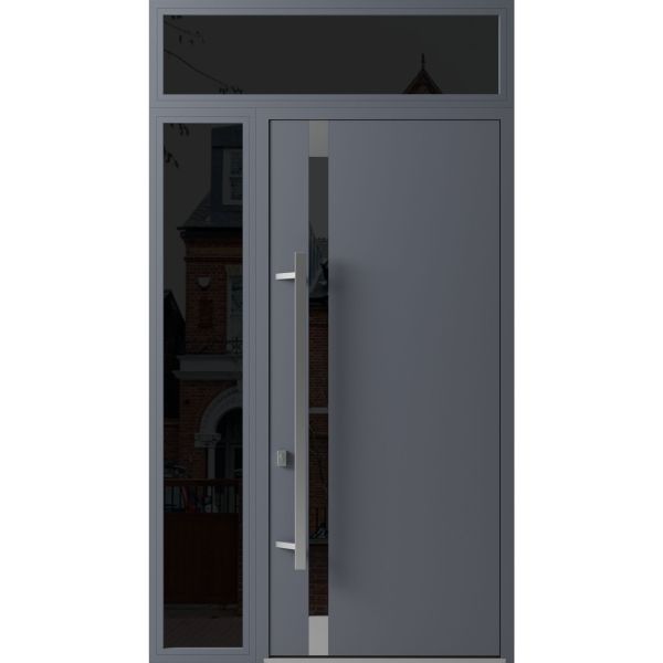Front Exterior Prehung Steel Door / Ronex 1011 Grey 96" / Sidelight and Transom Window Sidelite / Stainless Inserts Entry Metal Modern Painted W36+12" x H96+16" Right hand Inswing