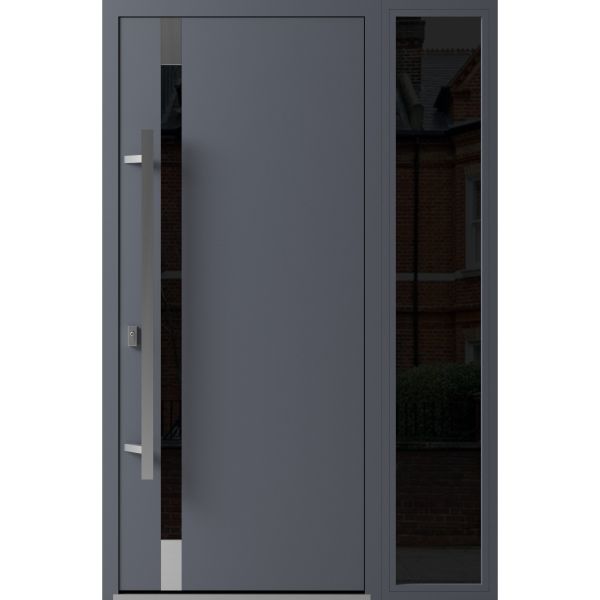 Front Exterior Prehung Steel Door / Ronex 1011 Grey / Sidelight Exterior Window Sidelite / Stainless Inserts Entry Metal Modern Painted W36+14" x H80" Right hand Inswing