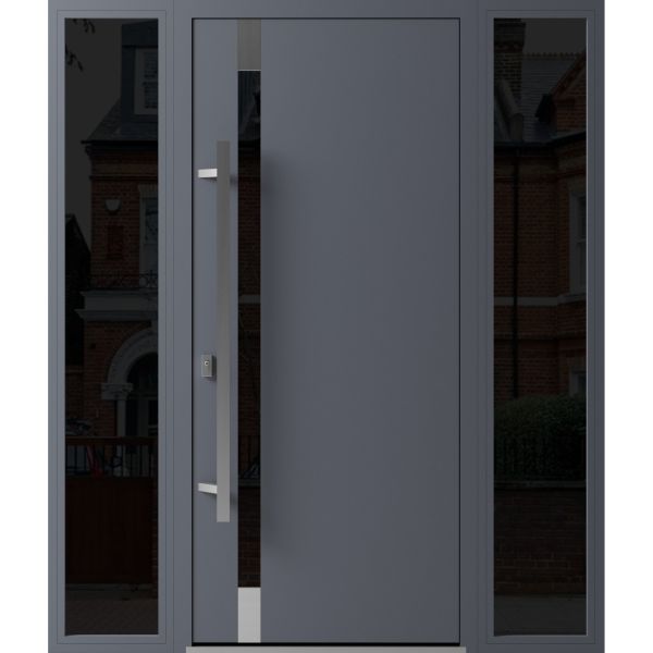 Front Exterior Prehung Steel Door / Ronex 1011 Grey / 2 Sidelight Exterior Windows Sidelites/ Stainless Inserts Entry Metal Modern Painted W14+36+14" x H80" Right hand Inswing