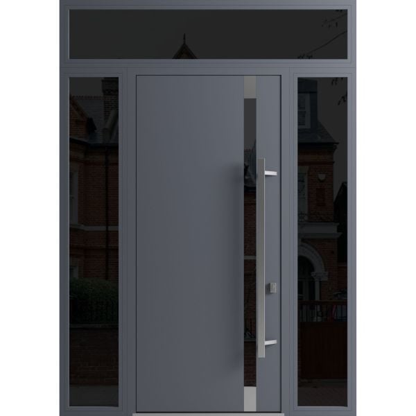 Front Exterior Prehung Steel Door / Ronex 1011 Grey 96" / 2 Sidelight and Transom Window Sidelite / Stainless Inserts Entry Metal Modern Painted W12+36+12" x H96+16" Left hand Inswing