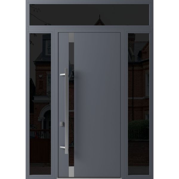 Front Exterior Prehung Steel Door / Ronex 1011 Grey 96" / 2 Sidelight and Transom Window Sidelite / Stainless Inserts Entry Metal Modern Painted W16+36+16" x H96+16" Right hand Inswing