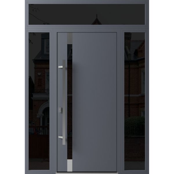 Front Exterior Prehung Steel Door / Ronex 1011 Grey / 2 Sidelight and Transom Window Sidelite / Stainless Inserts Entry Metal Modern Painted W12+36+12" x H80+16" Right hand Inswing