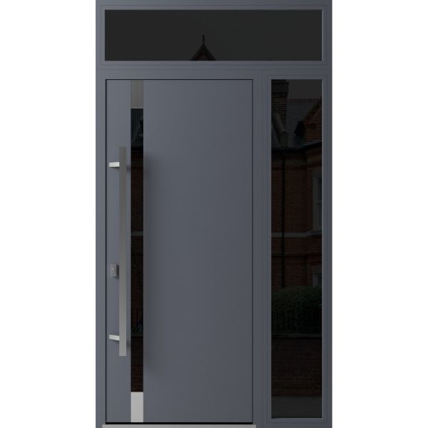 Front Exterior Prehung Steel Door / Ronex 1011 Grey / Sidelight and Transom Window Sidelite / Stainless Inserts Entry Metal Modern Painted W36+12" x H80+16" Right hand Inswing