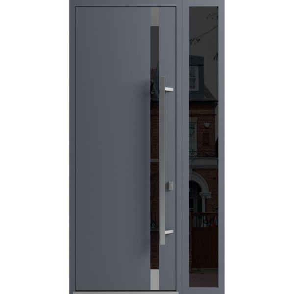 Front Exterior Prehung Steel Door / Ronex 1011 Grey 96" / Sidelight Exterior Window Sidelite / Stainless Inserts Entry Metal Modern Painted W36+12" x H96" Left hand Inswing