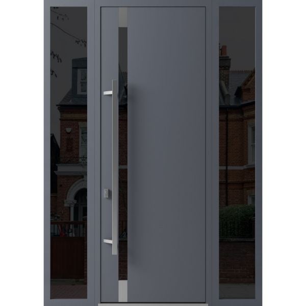 Front Exterior Prehung Steel Door / Ronex 1011 Grey 96" / 2 Sidelight Exterior Windows Sidelites/ Stainless Inserts Entry Metal Modern Painted W14+36+14" x H96" Right hand Inswing
