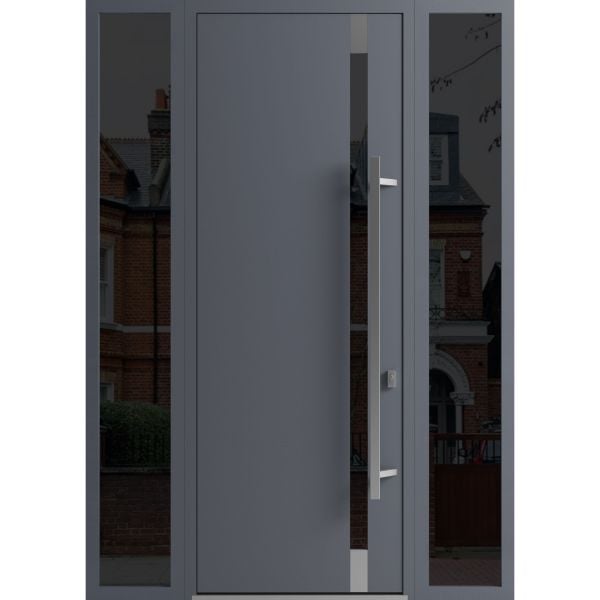 Front Exterior Prehung Steel Door / Ronex 1011 Grey 96" / 2 Sidelight Exterior Windows Sidelites/ Stainless Inserts Entry Metal Modern Painted W12+36+12" x H96" Left hand Inswing