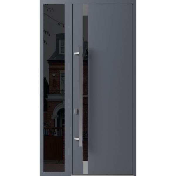 Front Exterior Prehung Steel Door / Ronex 1011 Grey 96" / Sidelight Exterior Window Sidelite / Stainless Inserts Entry Metal Modern Painted W36+12" x H96" Right hand Inswing