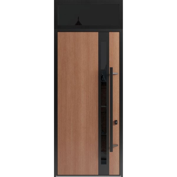 Front Exterior Prehung Steel Door / Ronex 1033 Teak 96" / Transom Window Sidelite / Entry Metal Modern Painted W36" x H96+16" Left hand Inswing