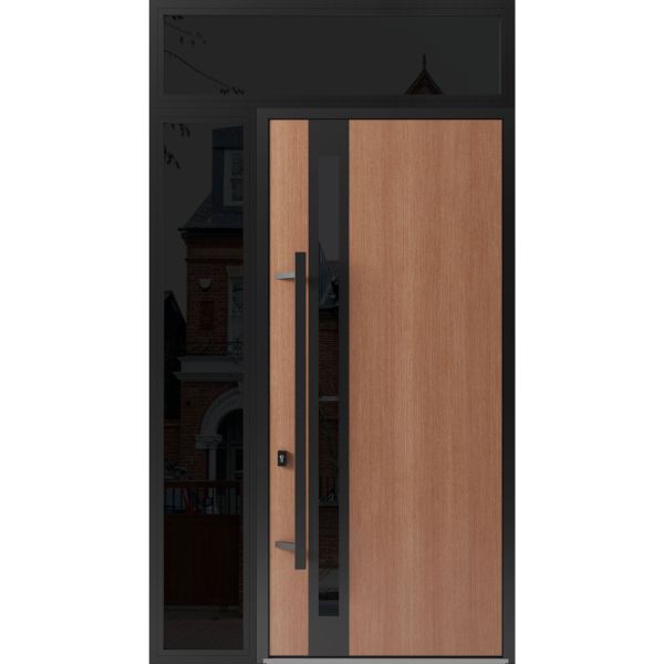 Front Exterior Prehung Steel Door / Ronex 1033 Teak 96" / Sidelight and Transom Window Sidelite / Entry Metal Modern Painted W36+14" x H96+16" Right hand Inswing