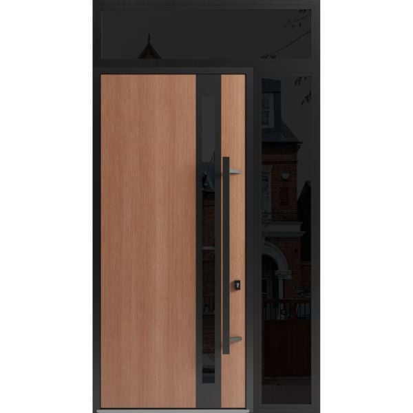 Front Exterior Prehung Steel Door / Ronex 1033 Teak 96" / Sidelight and Transom Window Sidelite / Entry Metal Modern Painted W36+12" x H96+16" Left hand Inswing