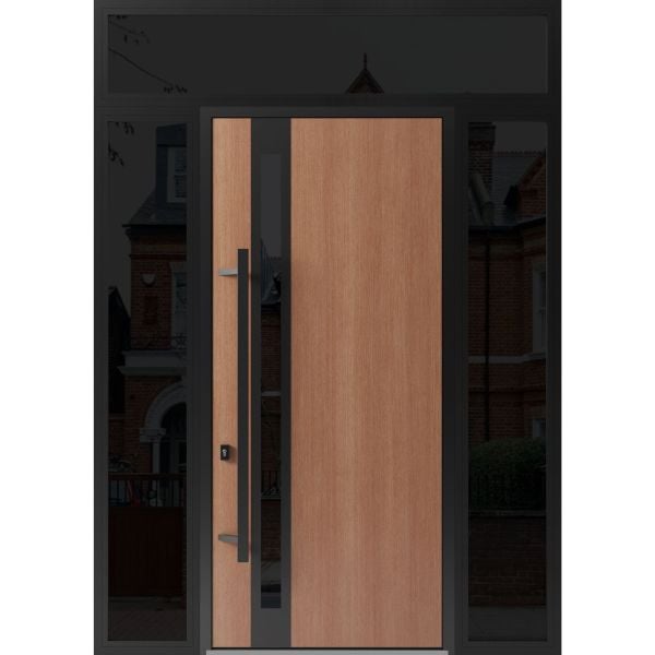 Front Exterior Prehung Steel Door / Ronex 1033 Teak 96" / 2 Sidelight and Transom Window Sidelite / Entry Metal Modern Painted W16+36+16" x H96+16" Right hand Inswing