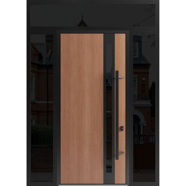 Front Exterior Prehung Steel Door / Ronex 1033 Teak 96" / 2 Sidelight and Transom Window Sidelite / Entry Metal Modern Painted W12+36+12" x H96+16" Left hand Inswing