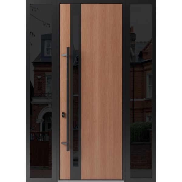 Front Exterior Prehung Steel Door / Ronex 1033 Teak 96" / 2 Sidelight Exterior Windows Sidelites/ Entry Metal Modern Painted W16+36+16" x H96" Right hand Inswing