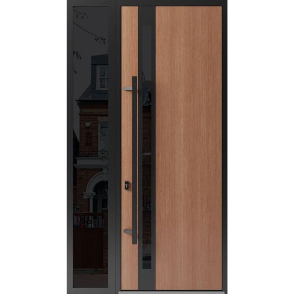 Front Exterior Prehung Steel Door / Ronex 1033 Teak 96" / Sidelight Exterior Window Sidelite / Entry Metal Modern Painted W36+14" x H96" Right hand Inswing