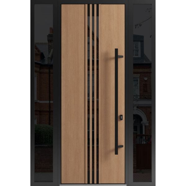 Front Exterior Prehung Steel Door / Ronex 1055 Teak 96" / 2 Sidelight Exterior Windows Sidelites/ Entry Metal Modern Painted W12+36+12" x H96" Left hand Inswing