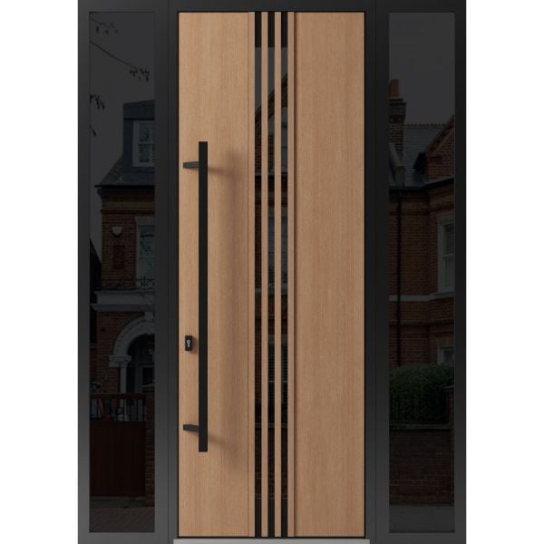 Front Exterior Prehung Steel Door / Ronex 1055 Teak 96" / 2 Sidelight Exterior Windows Sidelites/ Entry Metal Modern Painted W16+36+16" x H96" Right hand Inswing
