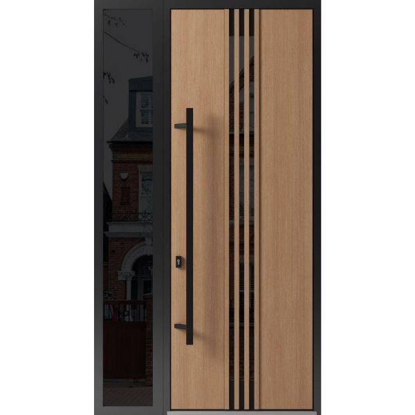 Front Exterior Prehung Steel Door / Ronex 1055 Teak 96" / Sidelight Exterior Window Sidelite / Entry Metal Modern Painted W36+16" x H96" Right hand Inswing