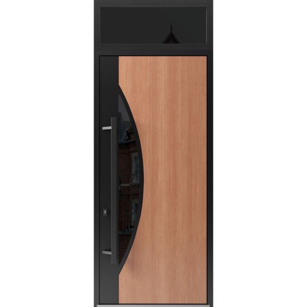 Front Exterior Prehung Steel Door / Ronex 1077 Teak 96" / Transom Window Sidelite / Entry Metal Modern Painted W36" x H96+16" Right hand Inswing