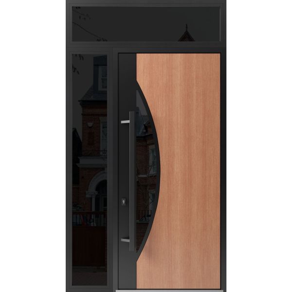 Front Exterior Prehung Steel Door / Ronex 1077 Teak 96" / Sidelight and Transom Window Sidelite / Entry Metal Modern Painted W36+14" x H96+16" Right hand Inswing
