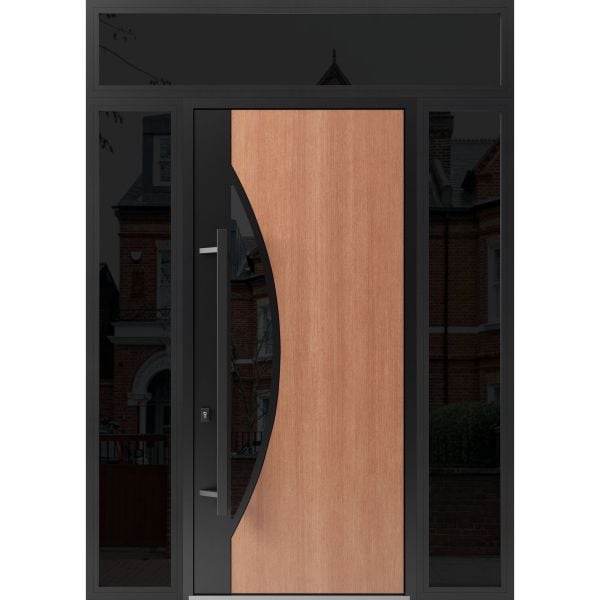 Front Exterior Prehung Steel Door / Ronex 1077 Teak 96" / 2 Sidelight and Transom Window Sidelite / Entry Metal Modern Painted W12+36+12" x H96+16" Right hand Inswing