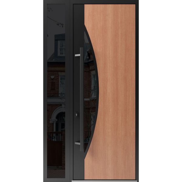 Front Exterior Prehung Steel Door / Ronex 1077 Teak 96" / Sidelight Exterior Window Sidelite / Entry Metal Modern Painted W36+16" x H96" Right hand Inswing