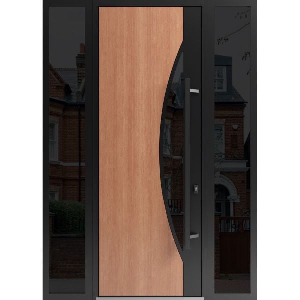 Front Exterior Prehung Steel Door / Ronex 1077 Teak 96" / 2 Sidelight Exterior Windows Sidelites/ Entry Metal Modern Painted W12+36+12" x H96" Left hand Inswing