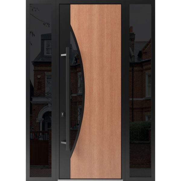Front Exterior Prehung Steel Door / Ronex 1077 Teak 96" / 2 Sidelight Exterior Windows Sidelites/ Entry Metal Modern Painted W12+36+12" x H96" Right hand Inswing
