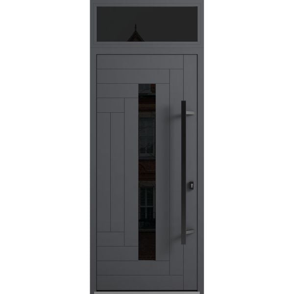 Front Exterior Prehung Steel Door / Ronex 0130 Grey / Transom Window Sidelite / Entry Metal Modern Painted W36" x H80+16" Left hand Inswing