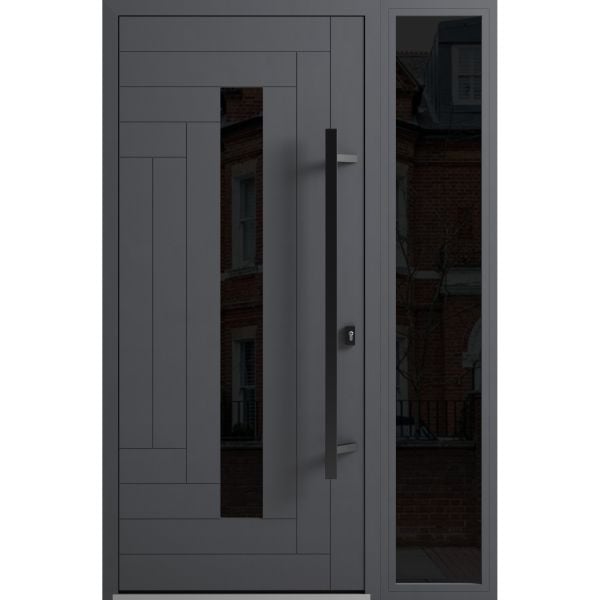 Front Exterior Prehung Steel Door / Ronex 0130 Grey / Sidelight Exterior Window Sidelite / Entry Metal Modern Painted W36+12" x H80" Left hand Inswing