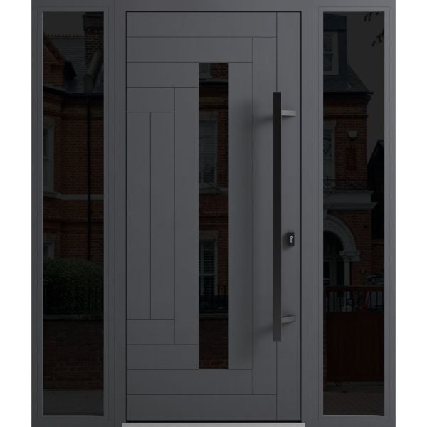Front Exterior Prehung Steel Door / Ronex 0130 Grey / 2 Sidelight Exterior Windows Sidelites/ Entry Metal Modern Painted W12+36+12" x H80" Left hand Inswing