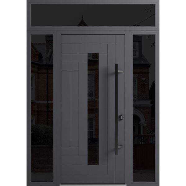 Front Exterior Prehung Steel Door / Ronex 0130 Grey / 2 Sidelight and Transom Window Sidelite / Entry Metal Modern Painted W12+36+12" x H80+16" Left hand Inswing