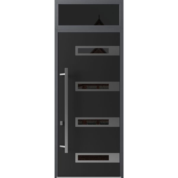 Front Exterior Prehung Steel Door / Ronex 0131 Black Enamel 96" / Transom Window Sidelite / Stainless Inserts Entry Metal Modern Painted W36" x H96+16" Right hand Inswing