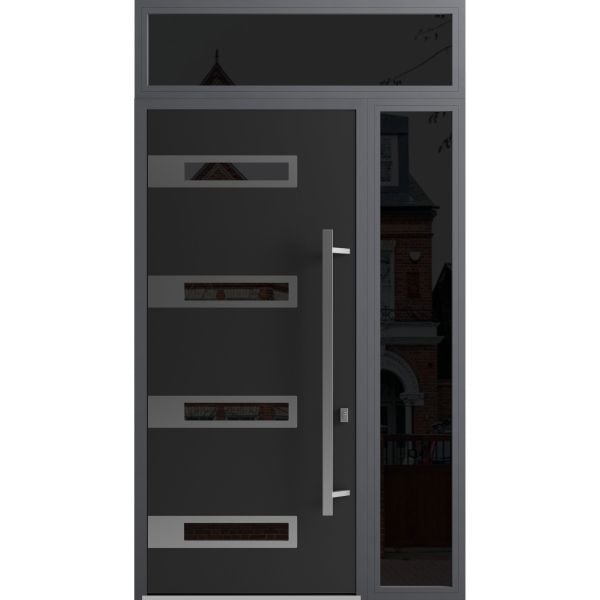 Front Exterior Prehung Steel Door / Ronex 0131 Black Enamel 96" / Sidelight and Transom Window Sidelite / Stainless Inserts Entry Metal Modern Painted W36+12" x H96+16" Left hand Inswing