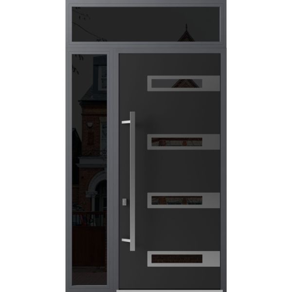 Front Exterior Prehung Steel Door / Ronex 0131 Black Enamel 96" / Sidelight and Transom Window Sidelite / Stainless Inserts Entry Metal Modern Painted W36+14" x H96+16" Right hand Inswing