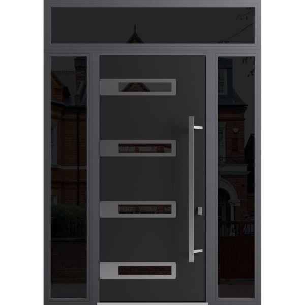 Front Exterior Prehung Steel Door / Ronex 0131 Black Enamel 96" / 2 Sidelight and Transom Window Sidelite / Stainless Inserts Entry Metal Modern Painted W12+36+12" x H96+16" Left hand Inswing