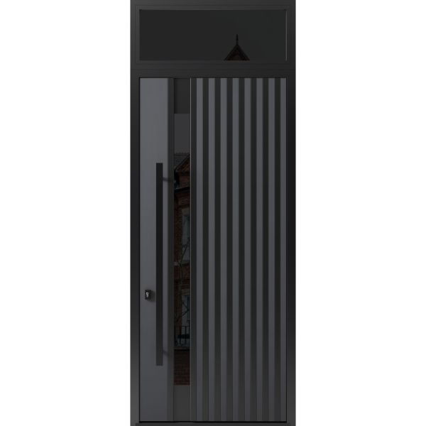 Front Exterior Prehung Steel Door / Ronex 0144 Grey 96" / Transom Window Sidelite / Entry Metal Modern Painted W36" x H96+16" Right hand Inswing