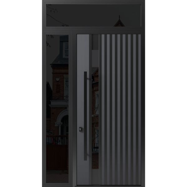 Front Exterior Prehung Steel Door / Ronex 0144 Grey 96" / Sidelight and Transom Window Sidelite / Entry Metal Modern Painted W36+14" x H96+16" Right hand Inswing