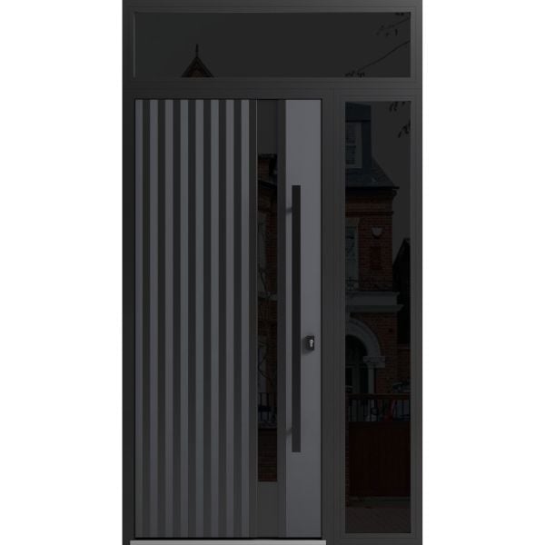 Front Exterior Prehung Steel Door / Ronex 0144 Grey / Sidelight and Transom Window Sidelite / Entry Metal Modern Painted W36+12" x H80+16" Left hand Inswing