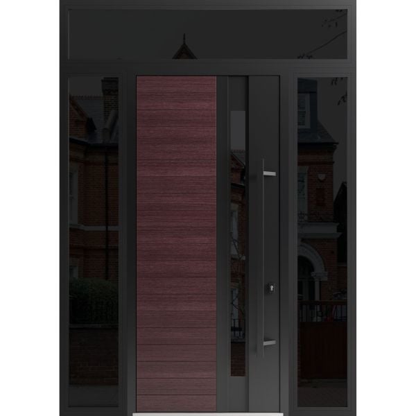 Front Exterior Prehung Steel Door / Ronex 0162 Red Oak 96" / 2 Sidelight and Transom Window Sidelite / Entry Metal Modern Painted W12+36+12" x H96+16" Left hand Inswing