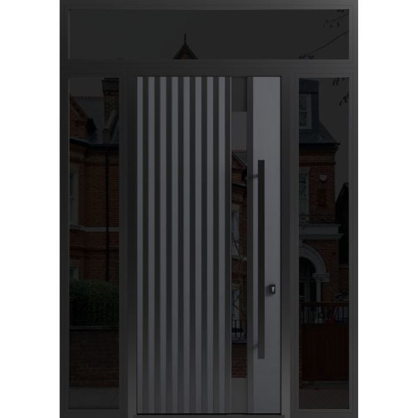 Front Exterior Prehung Steel Door / Ronex 0144 Grey 96" / 2 Sidelight and Transom Window Sidelite / Entry Metal Modern Painted W12+36+12" x H96+16" Left hand Inswing