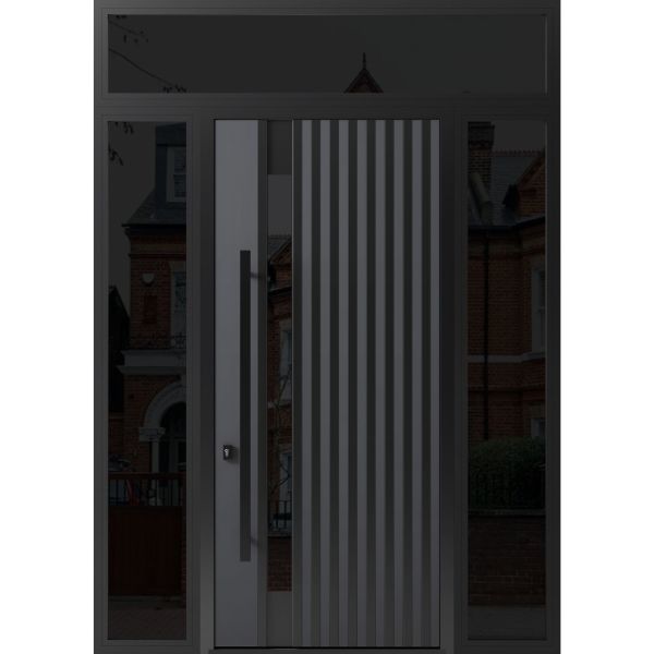 Front Exterior Prehung Steel Door / Ronex 0144 Grey 96" / 2 Sidelight and Transom Window Sidelite / Entry Metal Modern Painted W14+36+14" x H96+16" Right hand Inswing