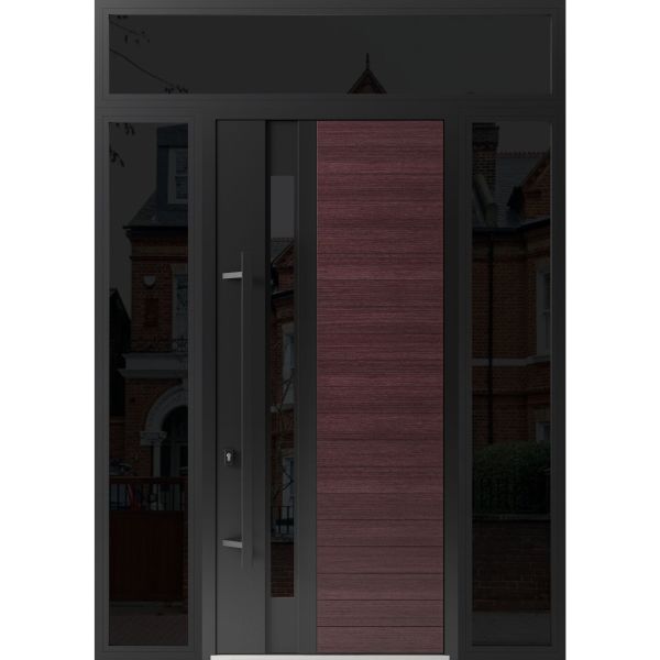 Front Exterior Prehung Steel Door / Ronex 0162 Red Oak 96" / 2 Sidelight and Transom Window Sidelite / Entry Metal Modern Painted W16+36+16" x H96+16" Right hand Inswing