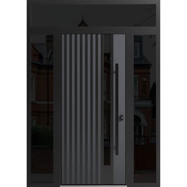Front Exterior Prehung Steel Door / Ronex 0144 Grey / 2 Sidelight and Transom Window Sidelite / Entry Metal Modern Painted W12+36+12" x H80+16" Left hand Inswing