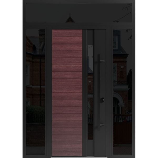 Front Exterior Prehung Steel Door / Ronex 0162 Red Oak / 2 Sidelight and Transom Window Sidelite / Entry Metal Modern Painted W12+36+12" x H80+16" Left hand Inswing