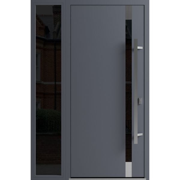 Front Exterior Prehung Steel Door / Ronex 1011 Grey / Sidelight Exterior Window Sidelite / Stainless Inserts Entry Metal Modern Painted W36+12" x H80" Left hand Inswing
